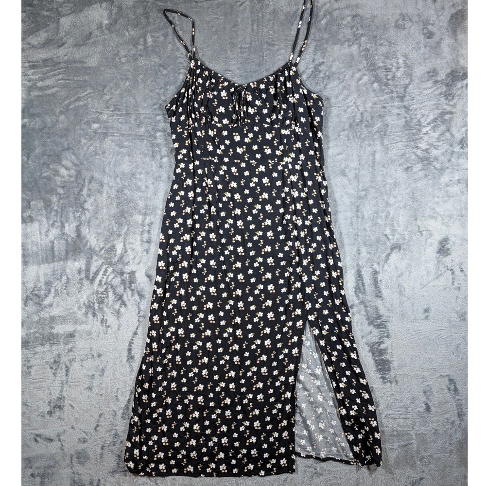Aeropostale Women Floral Slit Midi Dress XL Black Ditsy Boho Summer Sundress NWT
